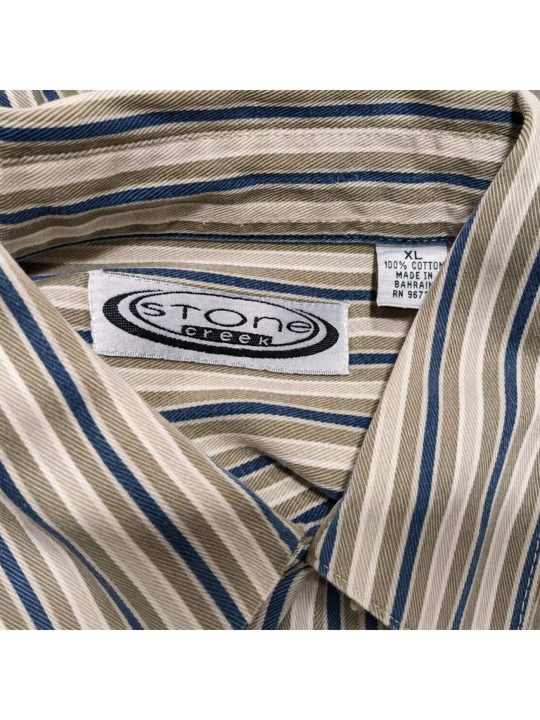 Stone Creek Button Up Shirt Mens Xl Vintage Striped Cotton Green Beige Long Slee — image 3 of 7